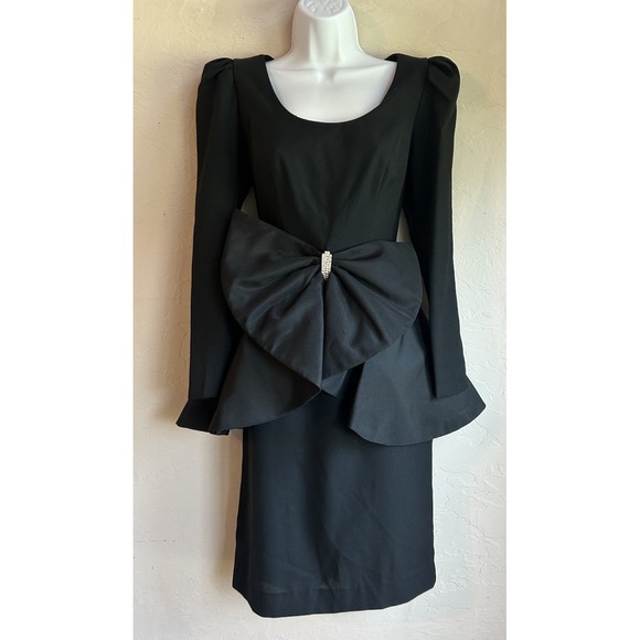 Huey Waltzer For Darcy Dresses & Skirts - Vintage 80s Huey Waltzer For Darcy Black Peplum Bow Midi Dress 6 Party Glam